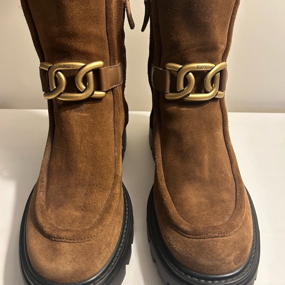 Tod's Brown Suede Boots with Gold Accent